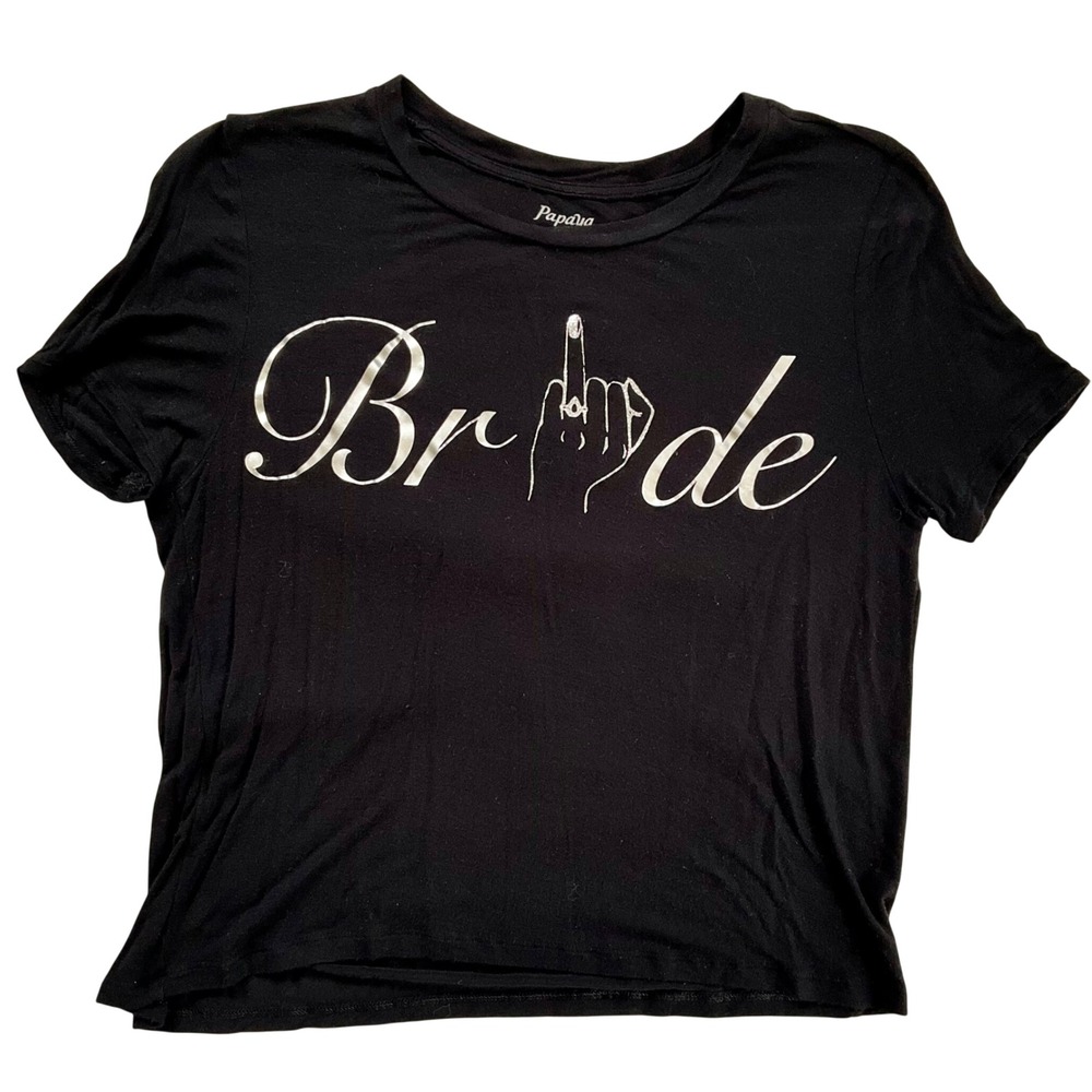 Papaya Womens Bride Graphic Tee Black Silver Foil Sassy Bachelorette T-Shirt L‎